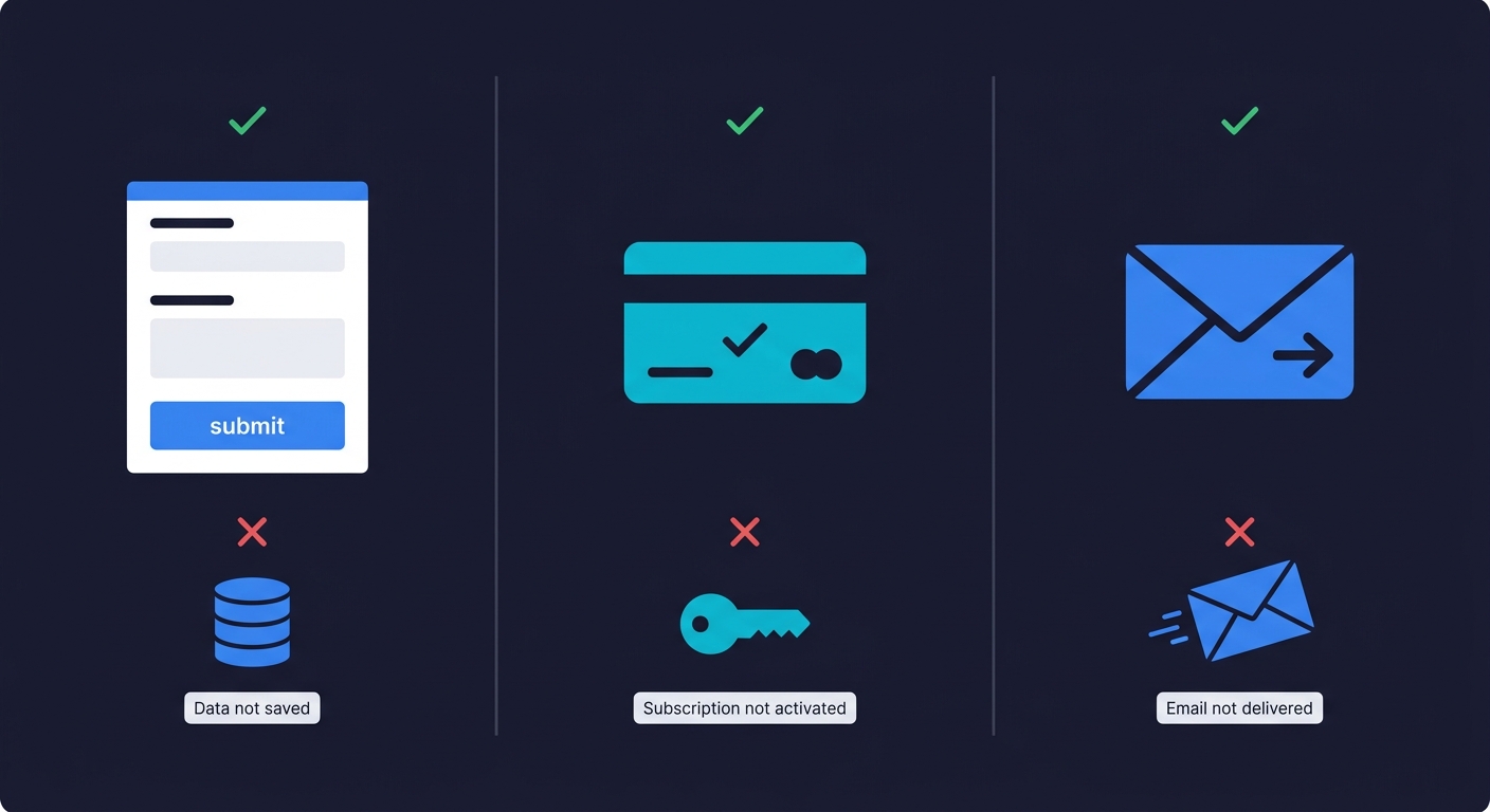 Diagram showing three common silent failures in vibe-coded apps: form submits but data isn't saved, payment charges but subscription doesn't activate, email triggered but not delivered