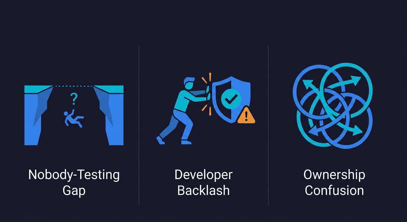 Three common failure modes during QA transition: the nobody-testing gap, developer backlash, and ownership confusion