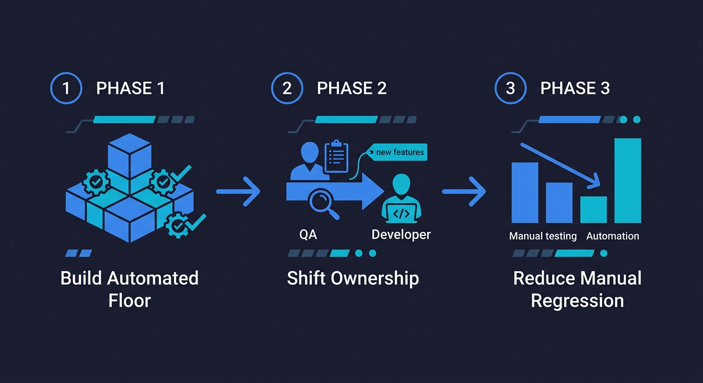 Three phases of the QA to quality engineering transition: build automated floor, shift ownership incrementally, reduce manual regression
