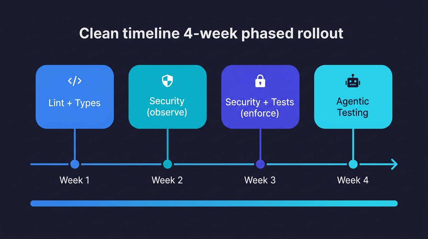 Timeline showing a four-week phased rollout: Week 1 Lint plus Types, Week 2 Security observe, Week 3 Security plus Tests enforce, Week 4 Agentic Testing