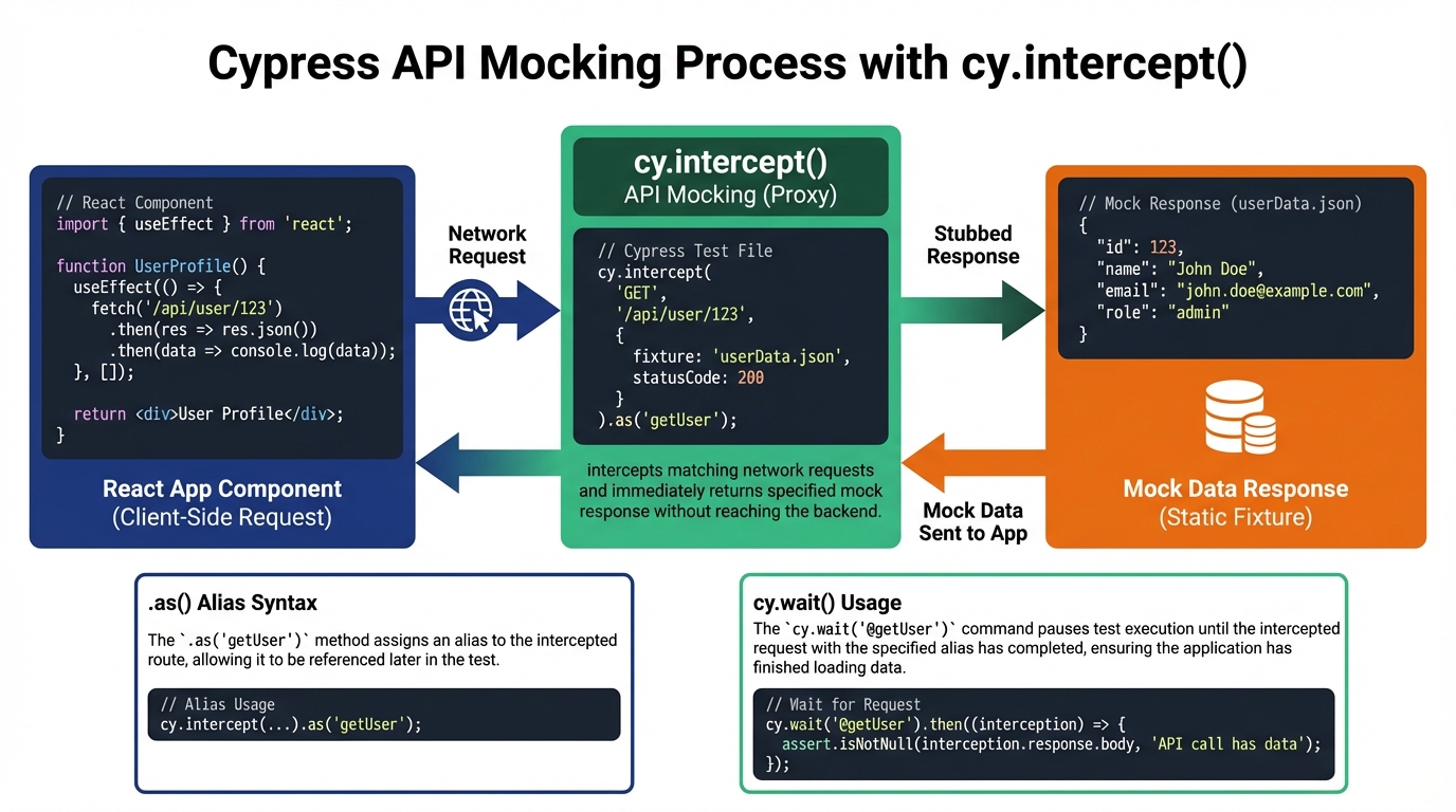 API mocking flow diagram showing request interception and mock response injection
