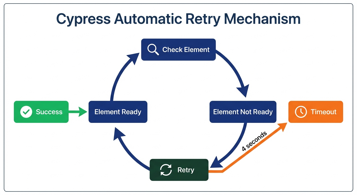 Cypress auto-waiting mechanism for React component testing showing automatic visibility checks and assertion retries