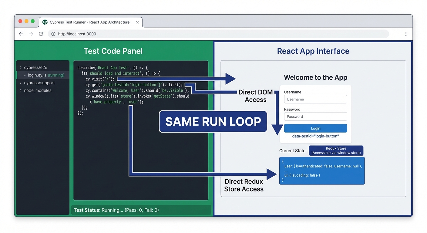 Cypress architecture for testing React apps showing how Cypress tests run in browser alongside React applications