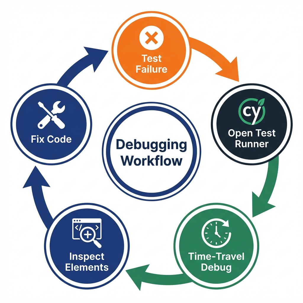 Debugging workflow showing the cycle from test failure to inspection to fix
