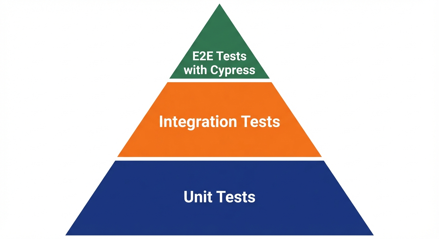 Cypress React testing pyramid showing unit tests at base, integration tests in middle, and E2E Cypress tests for React apps at the top