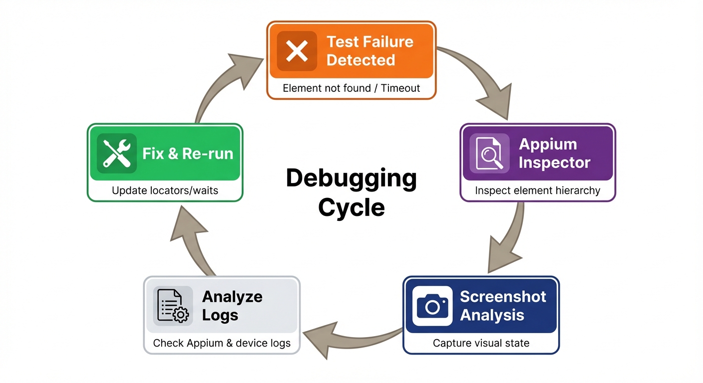 Debugging workflow showing Appium Inspector, logs analysis, and screenshot comparison cycle