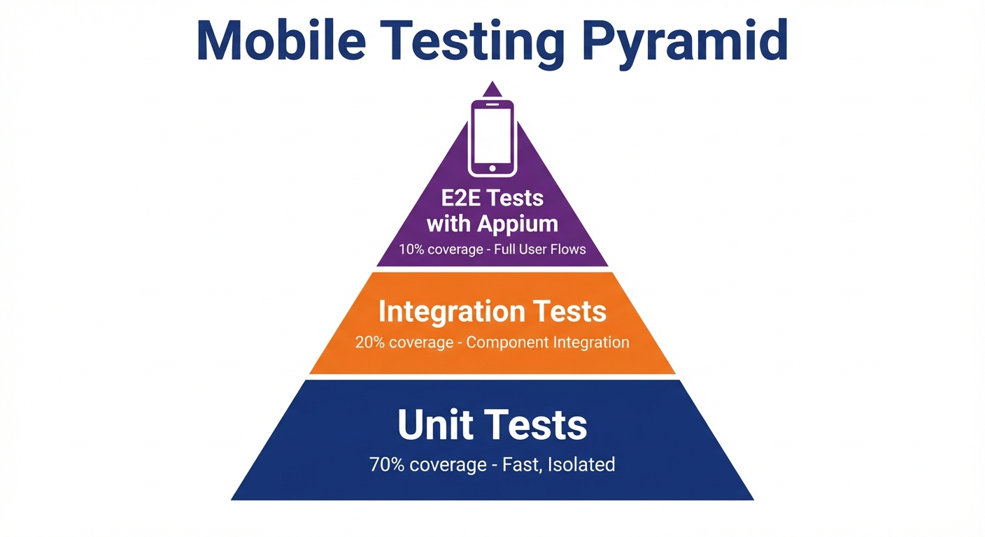 Testing pyramid showing how to test React Native apps with Appium at the E2E layer, with integration tests in middle and unit tests at base