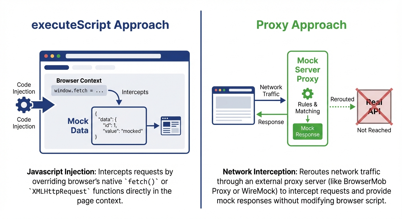 API mocking strategies showing executeScript injection vs mock server proxy approach