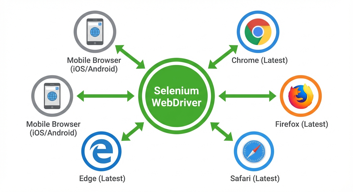 Cross-browser testing matrix showing Selenium WebDriver controlling Chrome, Firefox, Safari, Edge, and mobile browsers simultaneously