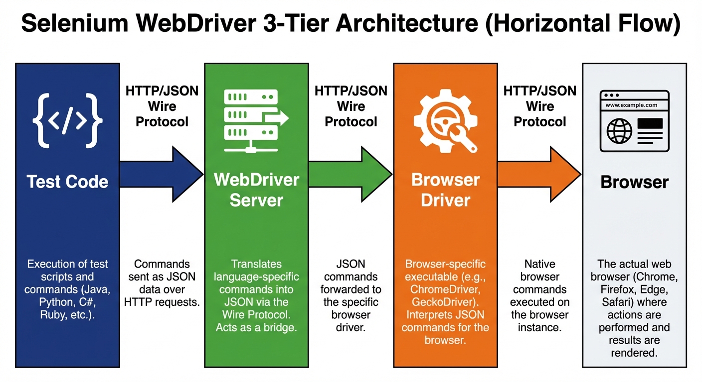Selenium WebDriver architecture showing test code communicating with WebDriver server which controls browser through browser-specific drivers
