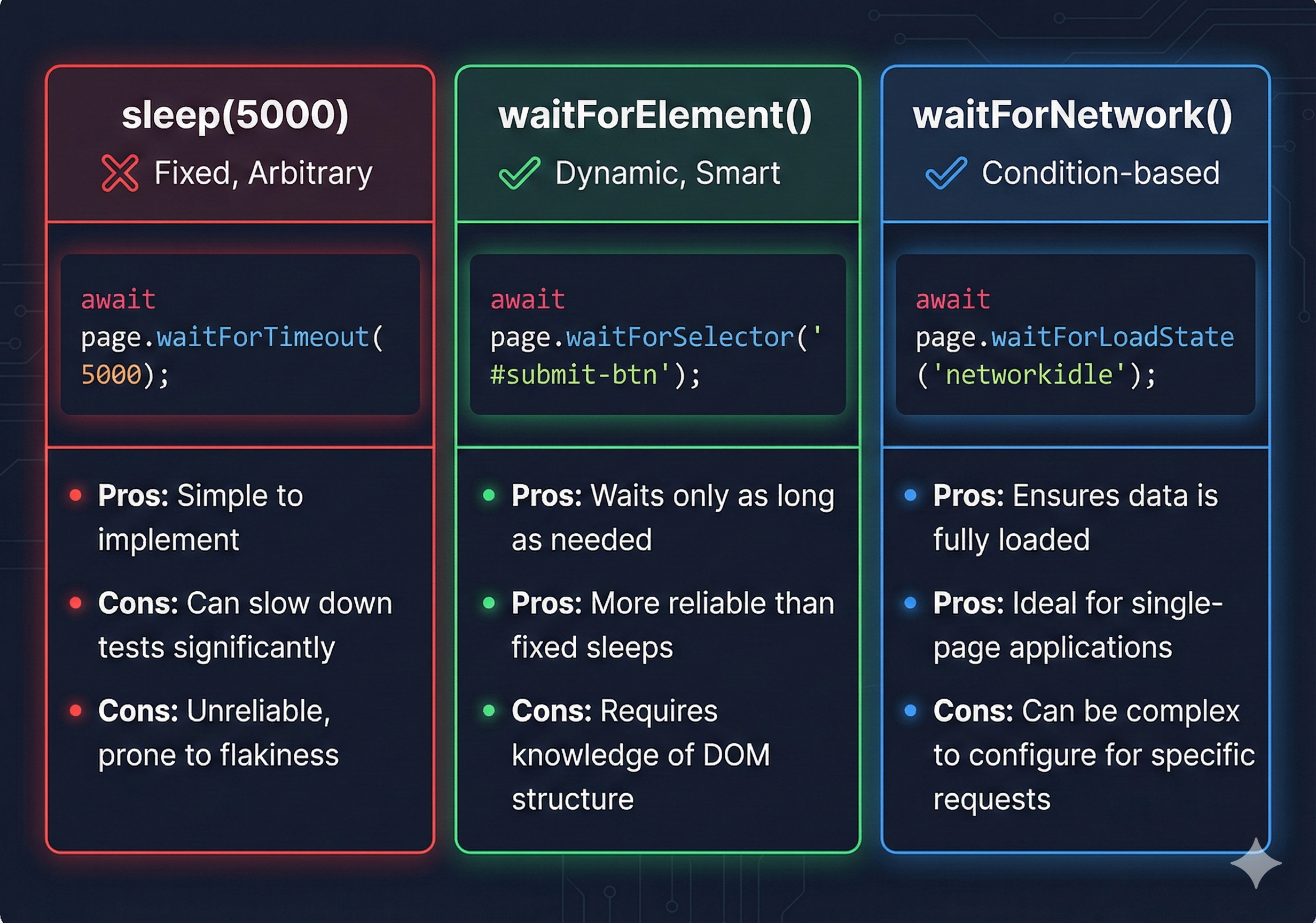 Wait strategies comparison showing sleep vs waitForElement with smart waiting