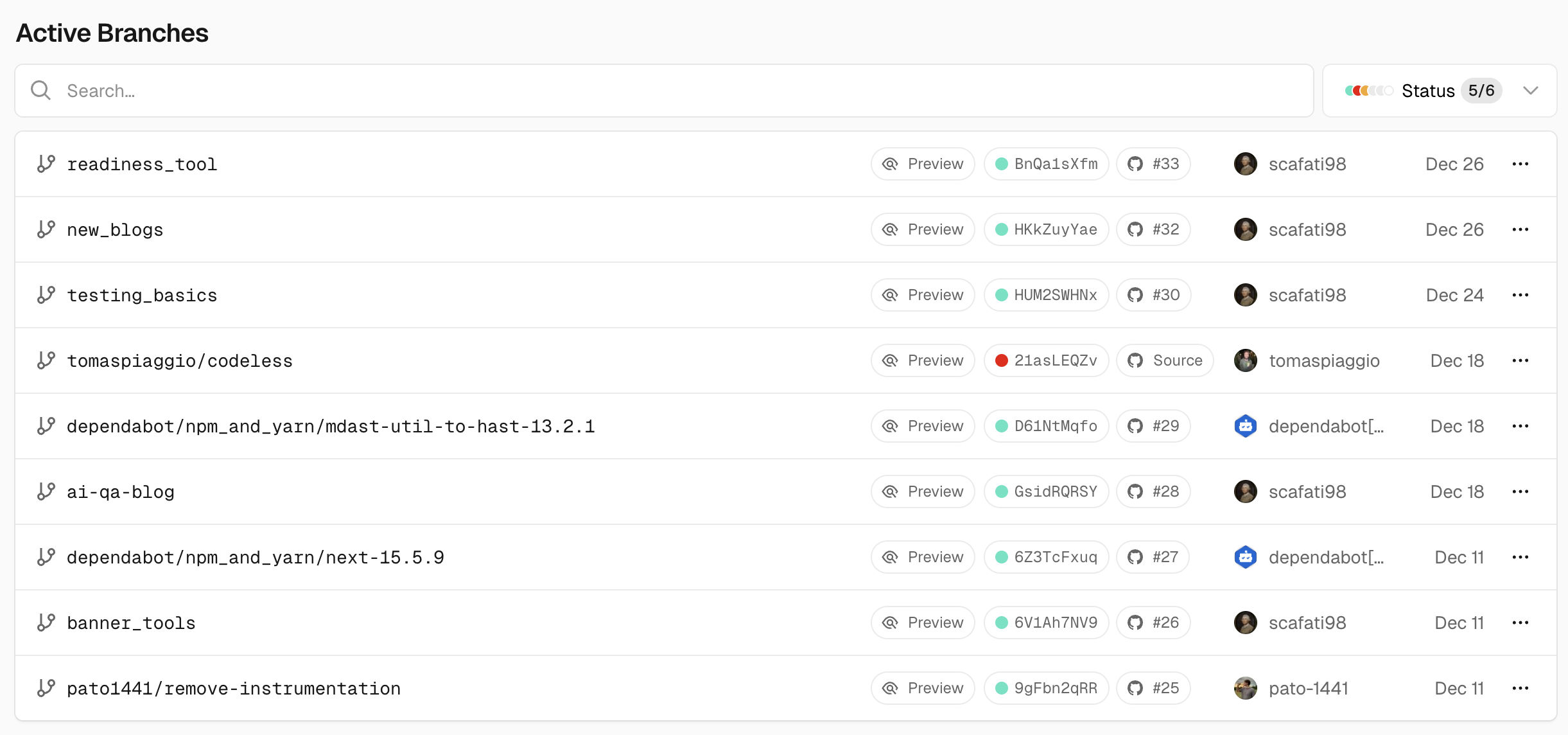 Vercel dashboard showing preview deployments