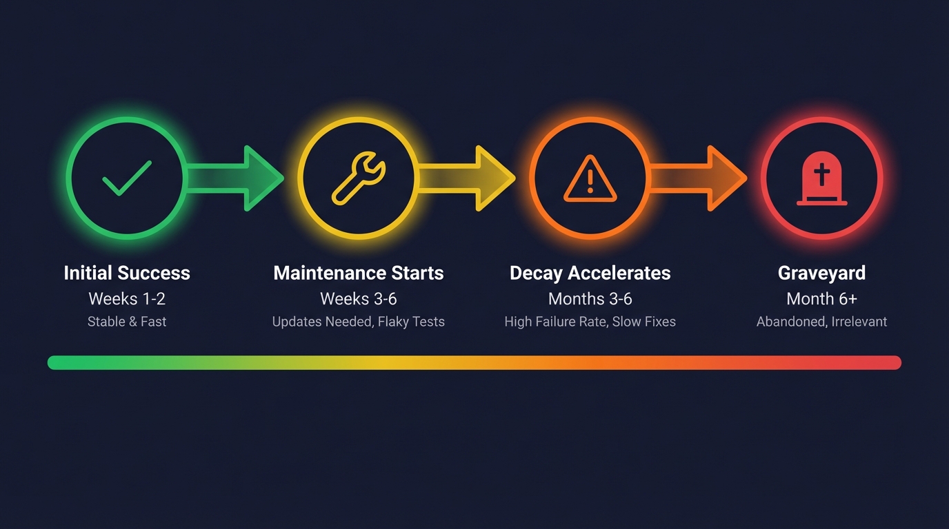 Regression test suite lifecycle: from initial success through maintenance burden to eventual decay and abandonment