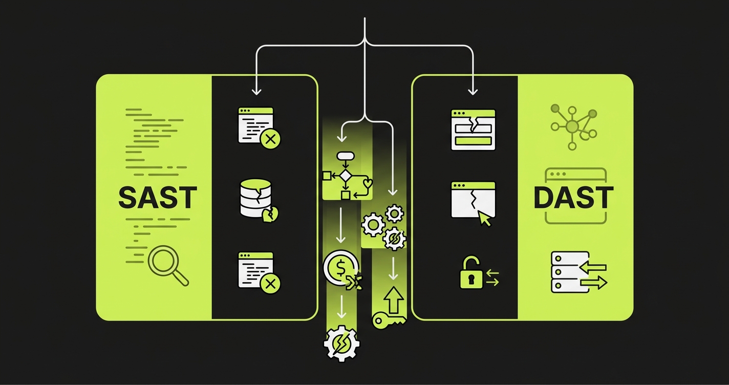 Venn diagram showing SAST coverage, DAST coverage, and the business logic gap that neither tool addresses