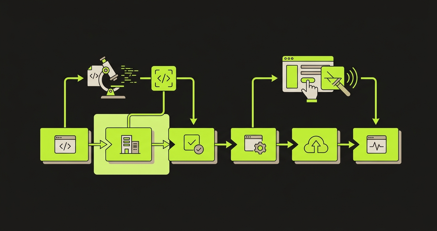 CI/CD pipeline diagram showing SAST running on every PR, DAST running post-deploy, and behavioral E2E testing running continuously