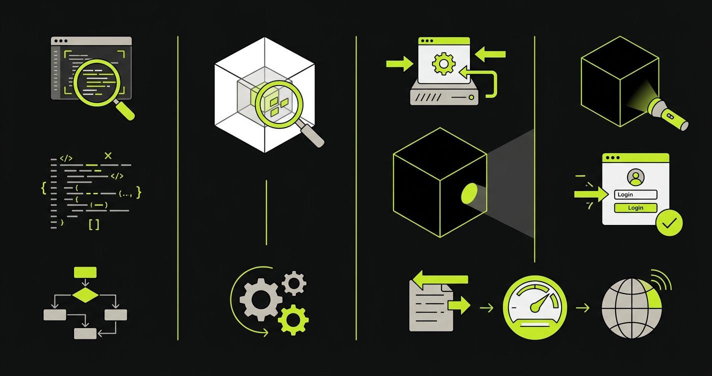 Quara standing between SAST and DAST testing stations comparing static and dynamic analysis