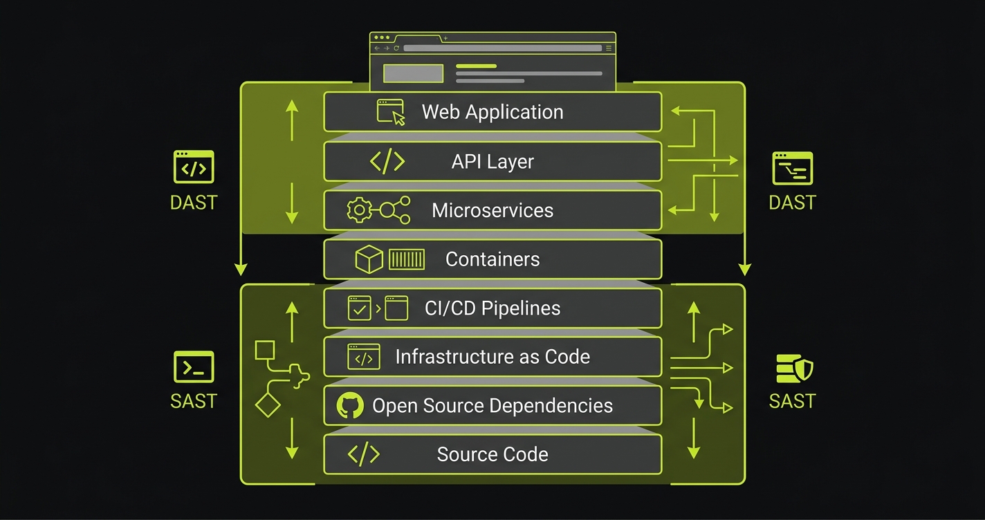 Three-tier security testing stack showing SAST for code vulnerabilities, DAST for runtime vulnerabilities, and behavioral testing for business logic