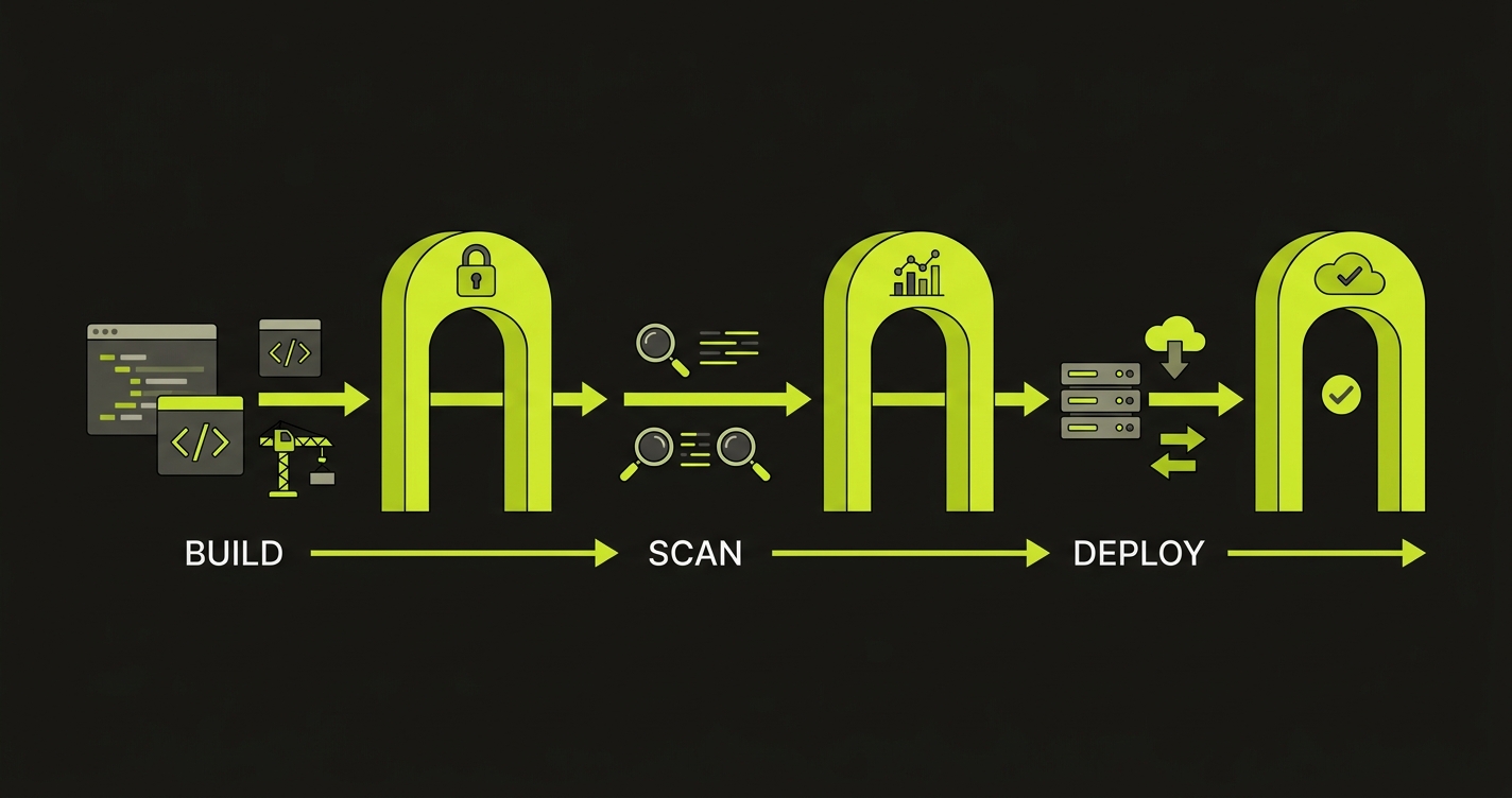 Conveyor belt with three color-coded security gate checkpoints representing commit, PR, and post-merge stages in a CI/CD pipeline