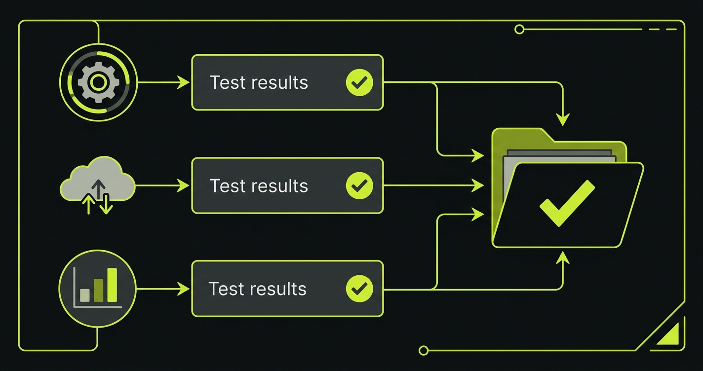 Quara holding a clipboard with checkmarks next to a filing cabinet and organized document stacks representing compliance evidence collection
