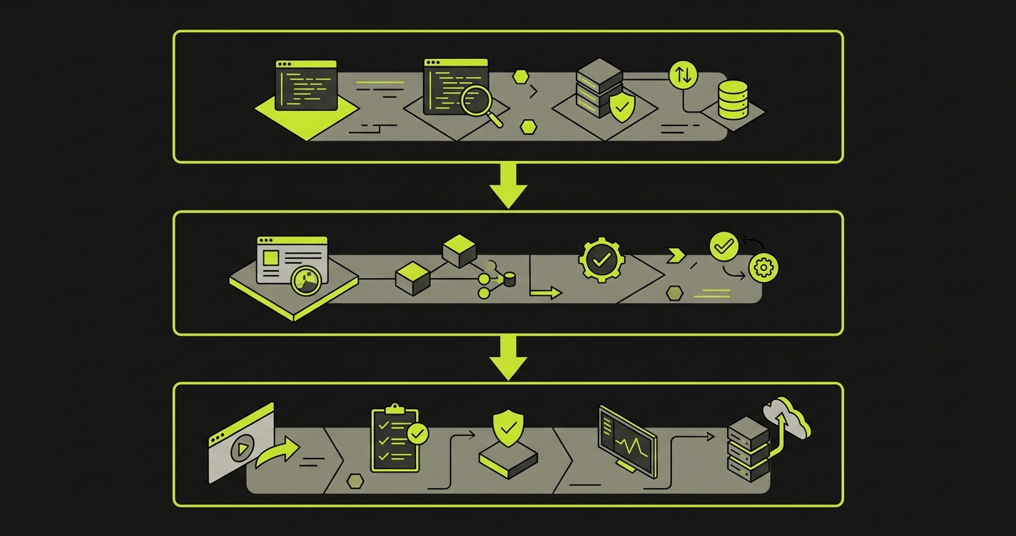 Three stacked platform layers representing scanning, security testing, and compliance evidence in a security automation pipeline