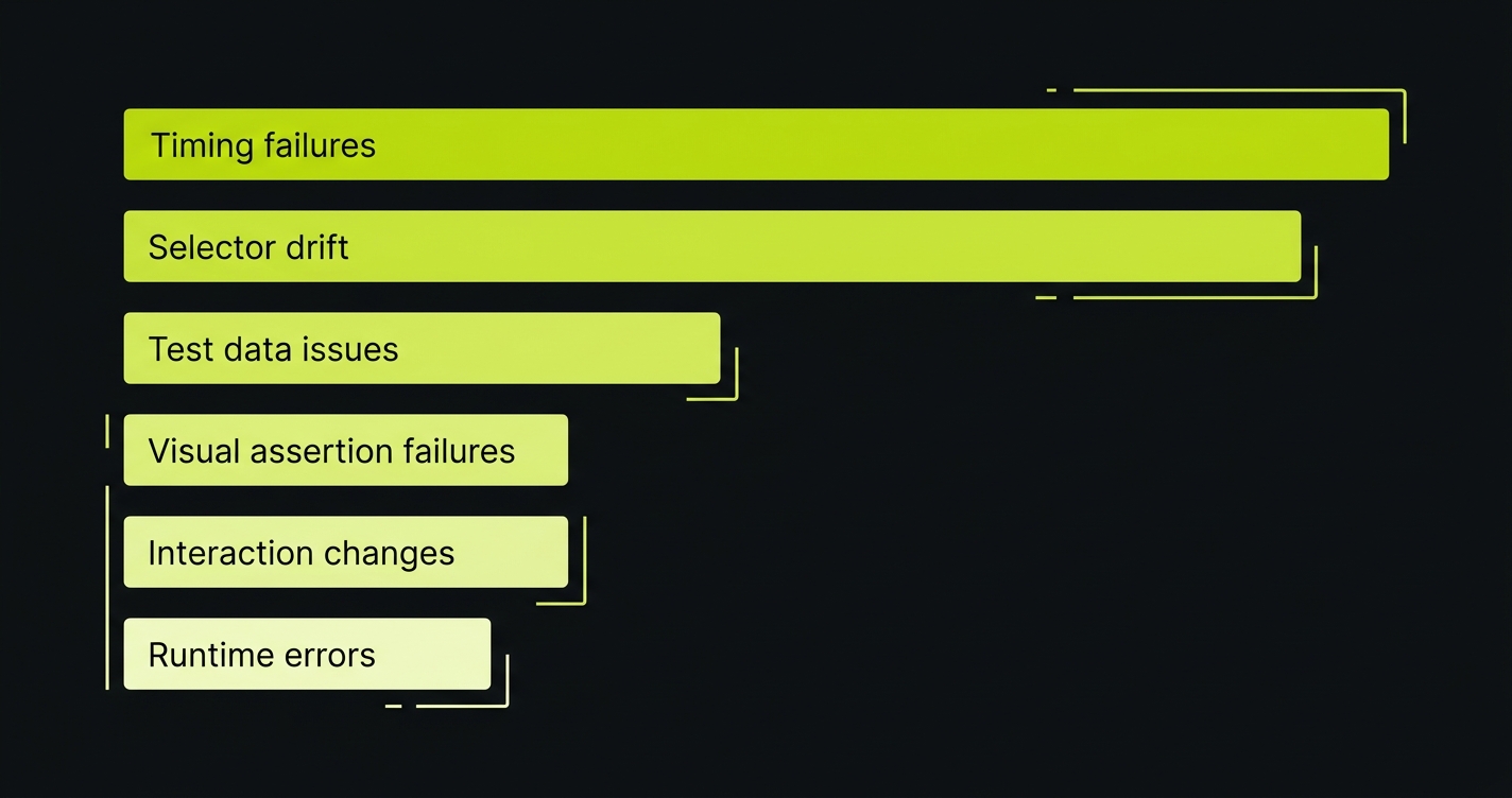 Distribution of test failure types showing timing failures as the largest category at 30 percent, followed by selector drift at 28 percent, test data issues at 14 percent, visual assertion failures at 10 percent, interaction changes at 10 percent, and runtime errors at 8 percent