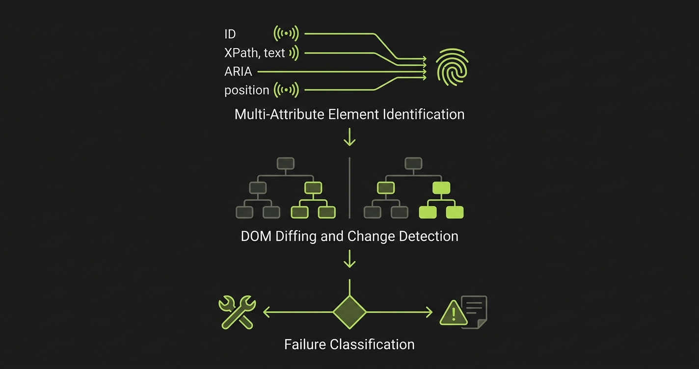 Three-layer architecture of self-healing test automation showing multi-attribute element identification at the top, DOM diffing and change detection in the middle, and failure classification at the bottom