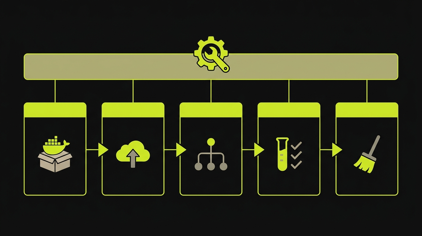 DIY self-hosted preview environment stack: five components (Build Docker image, Deploy, Route, Test, Teardown) orchestrated by GitHub Actions