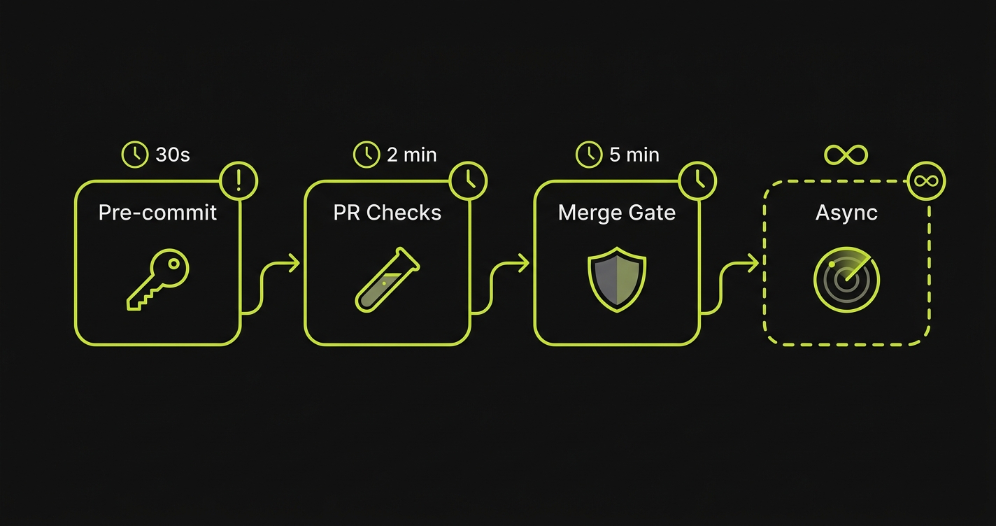 Shift left security speed budget framework showing four CI/CD pipeline stages: pre-commit under 30s, PR checks under 2min, merge gate under 5min, and async scans