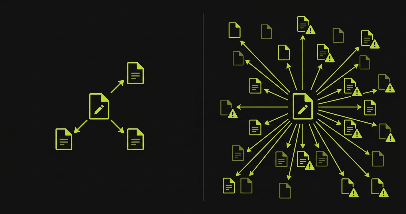 Comparison of regression impact patterns: localized changes affecting nearby files versus AI-generated changes scattering warnings across many distant files in the codebase