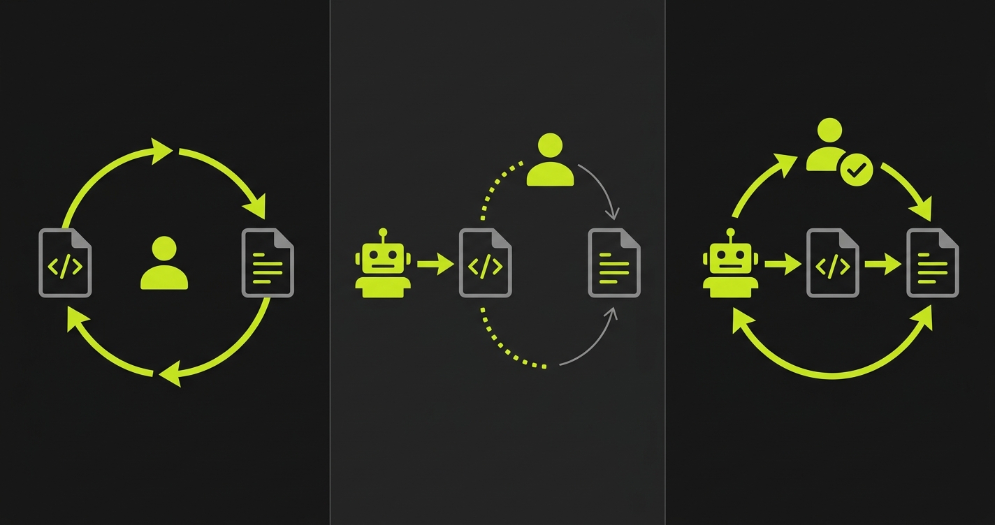 Three testing workflow models compared side by side: traditional tight developer feedback loop, broken AI-assisted loop with partial understanding, and restored AI-native loop where AI handles both code and test generation