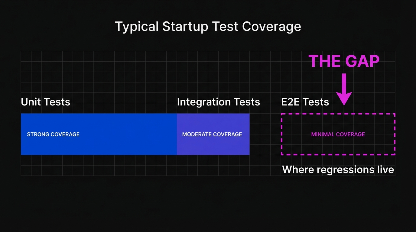 Shift left testing gap diagram showing the startup development timeline with the gap between unit test coverage and E2E coverage as the primary source of regressions