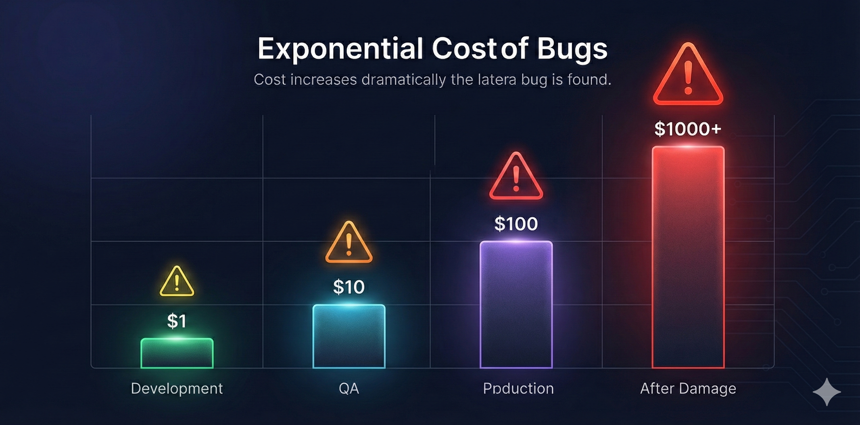 Infographic showing exponential cost curve: Cost of bugs $1 in development, $10 in QA, $100 in production, $1000 after release