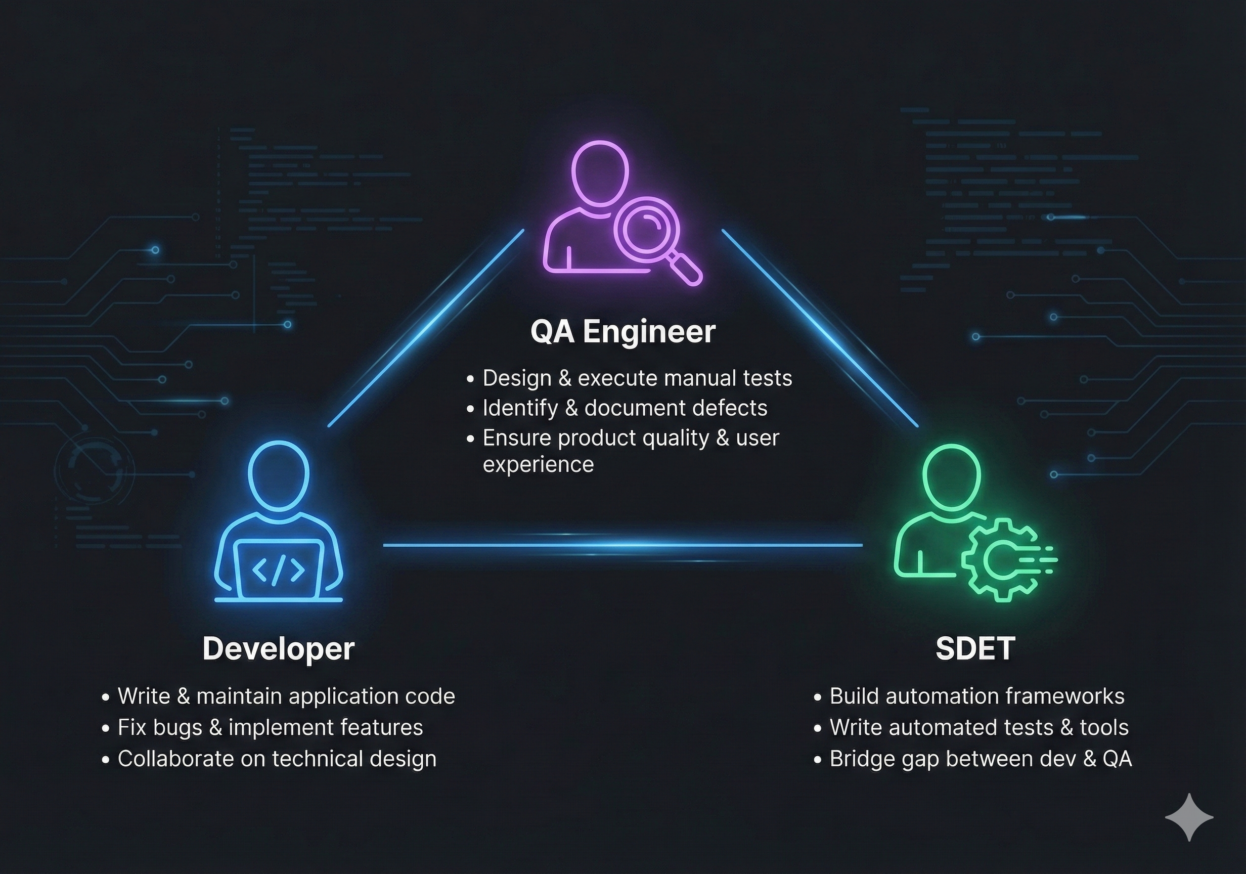 Team structure diagram showing Developer, QA Engineer, and SDET roles with their responsibilities