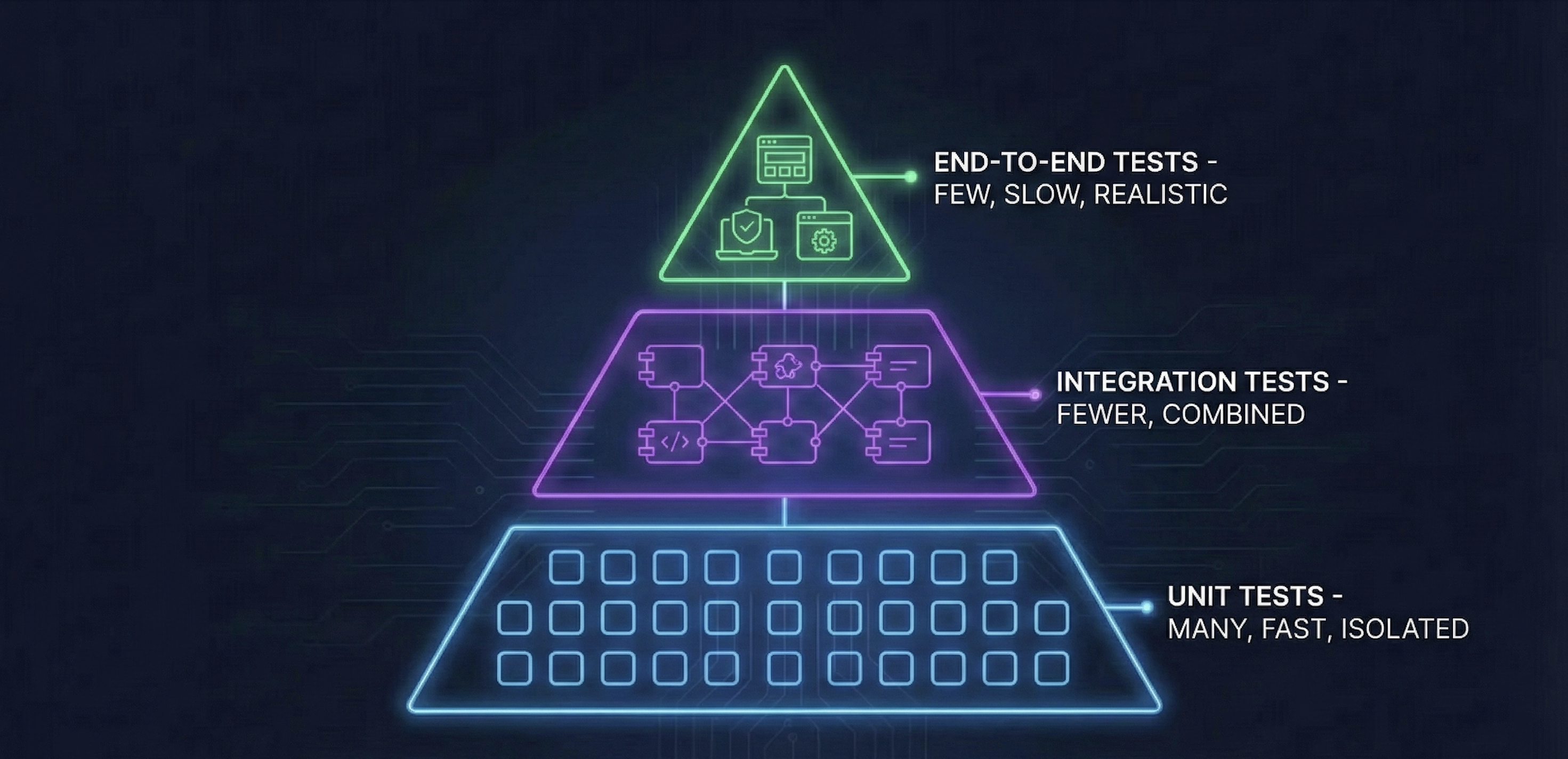 Testing pyramid diagram showing many unit tests at base, fewer integration tests in middle, and few end-to-end tests at top - software testing fundamentals