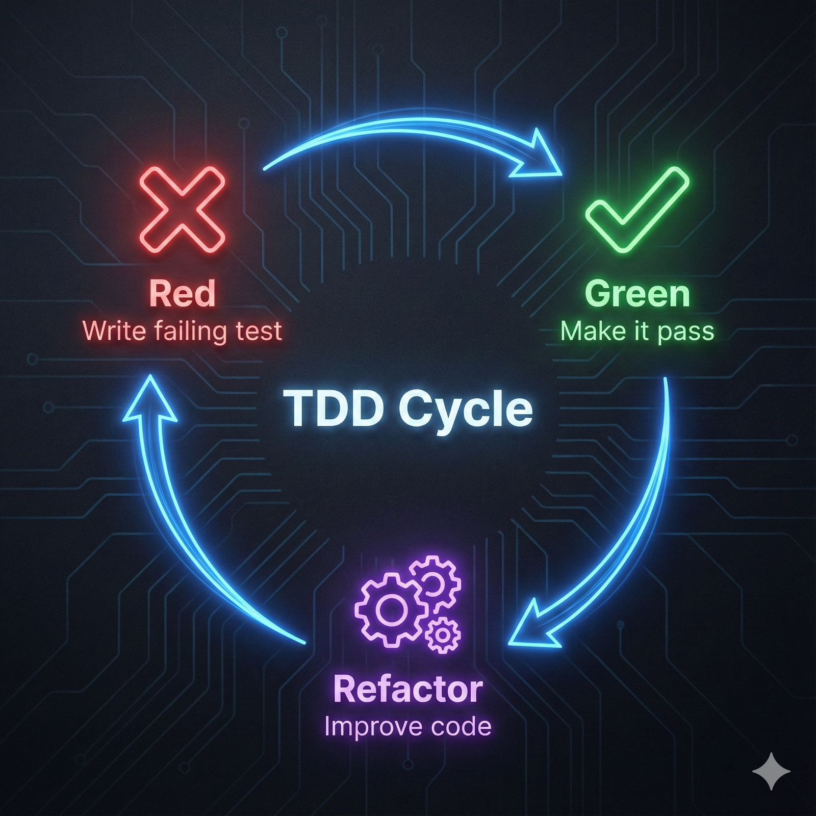 TDD red-green-refactor cycle showing circular flow from writing failing test to making it pass to refactoring