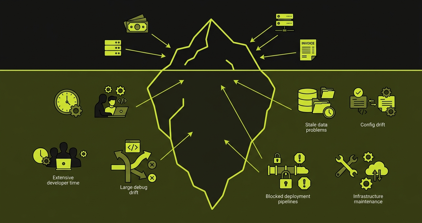 Iceberg diagram showing the hidden costs of shared staging: server cost visible above water, coordination time, status checks, and false bugs hidden below