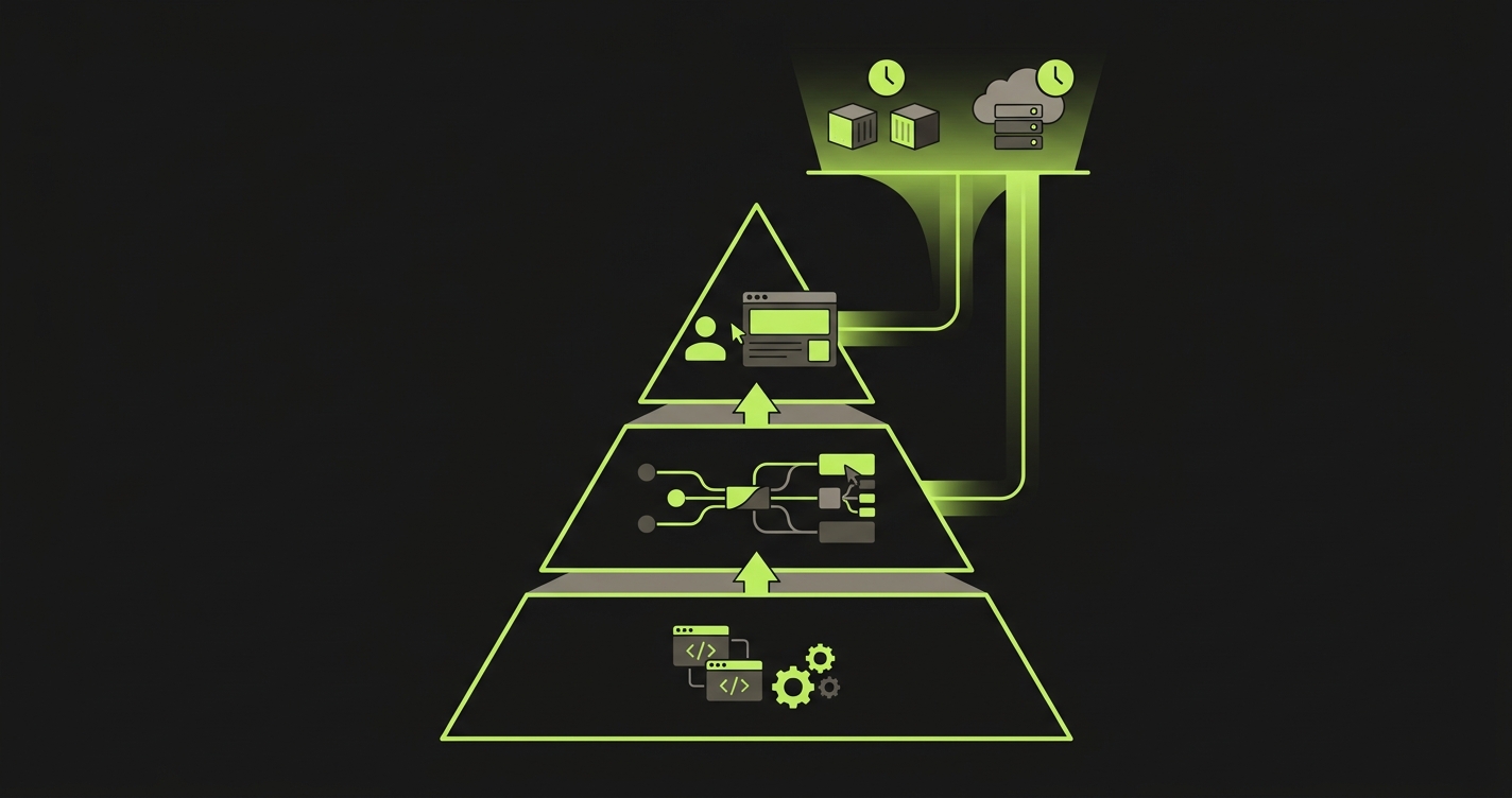 Diagram showing ephemeral environments feeding into automated tests per PR, with results flowing up to a merge checkpoint