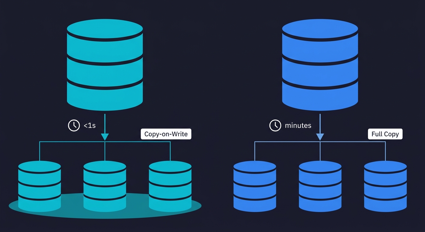 Diagram comparing Copy-on-Write branching under one second with shared storage versus full-copy branching taking minutes with independent instances