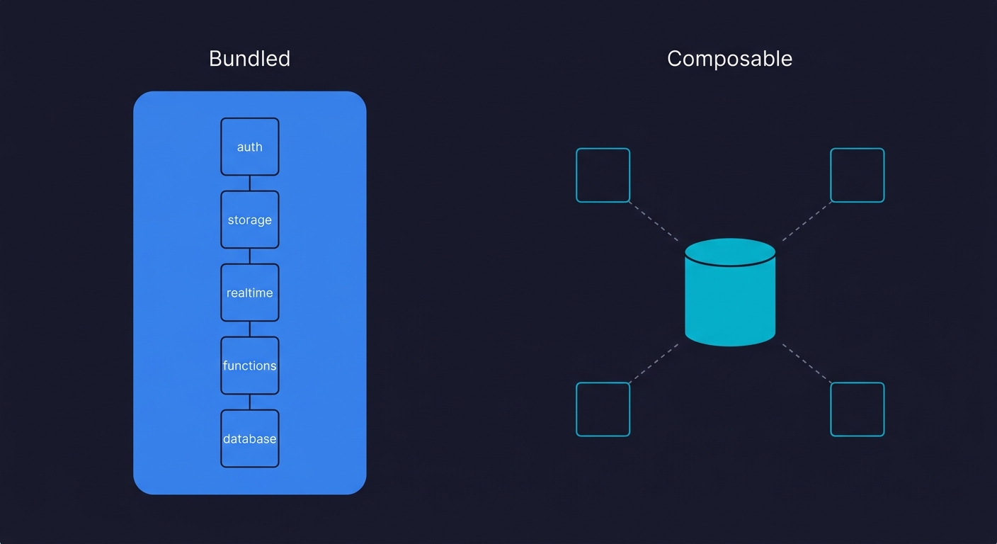 Diagram comparing bundled architecture with all services in one container versus composable architecture with an independent database and separate external services