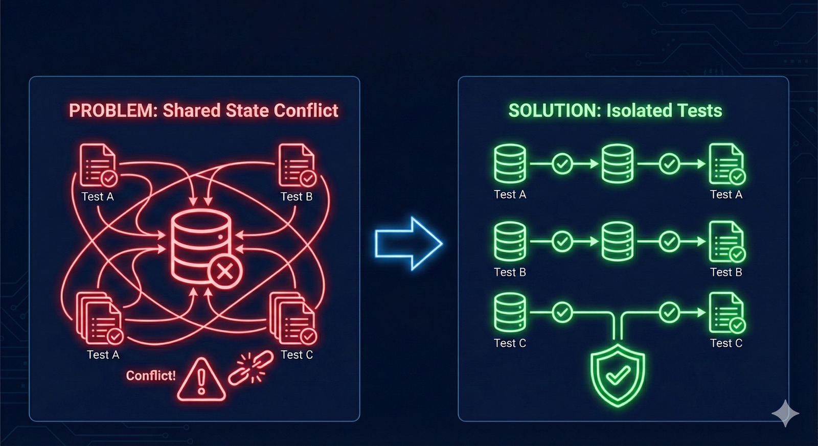 Problem-solution diagram showing test isolation: Problem side shows conflict, Solution side shows isolated tests