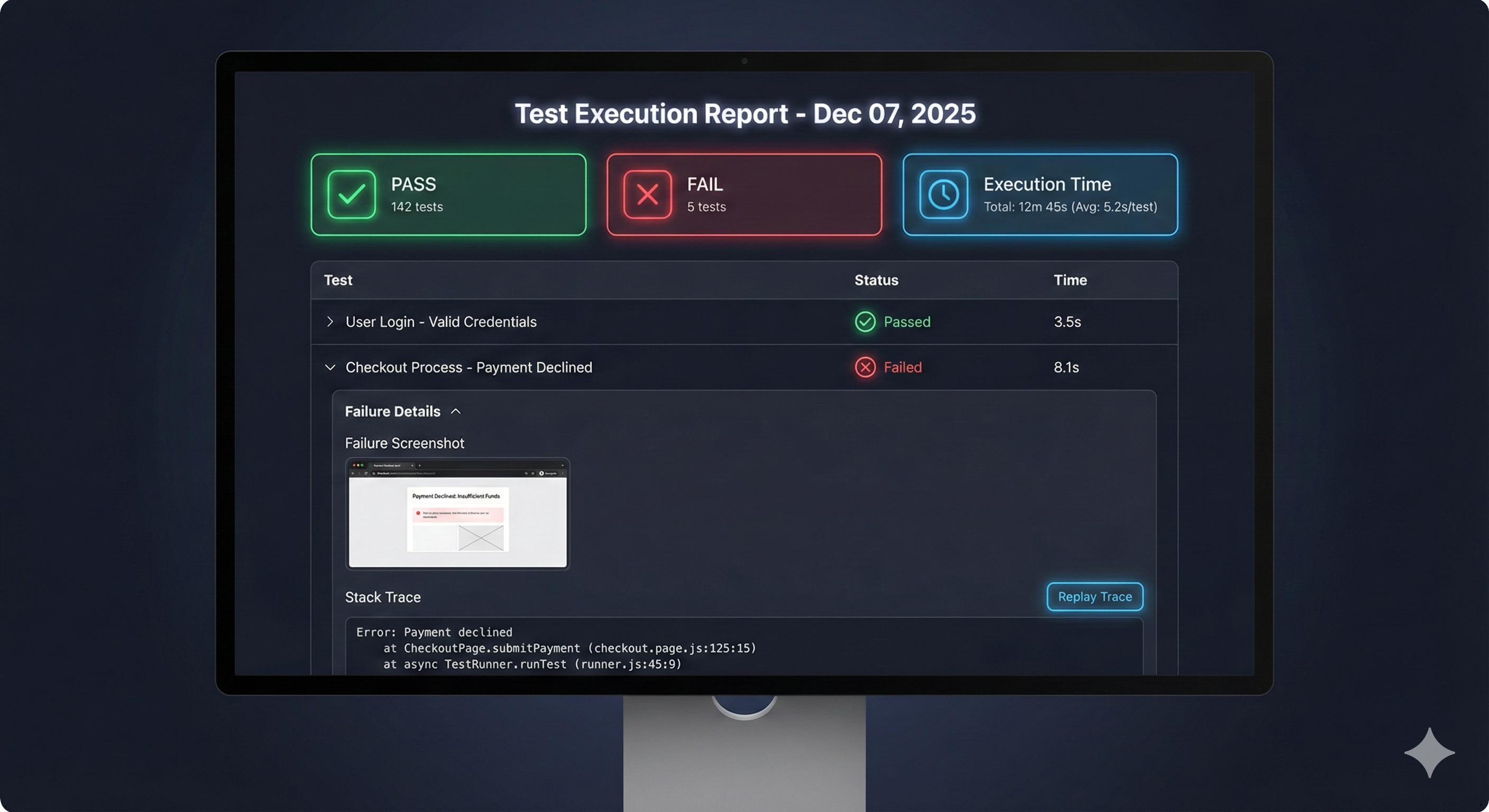HTML test report screenshot mockup with pass/fail summary, screenshots, and execution time