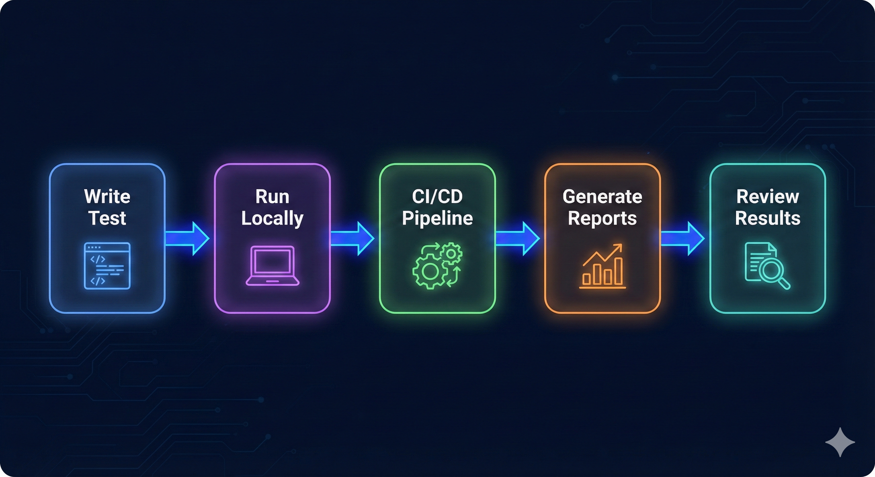Test execution flow diagram showing Write Test to Run Locally to CI/CD Pipeline to Generate Reports to Review Results