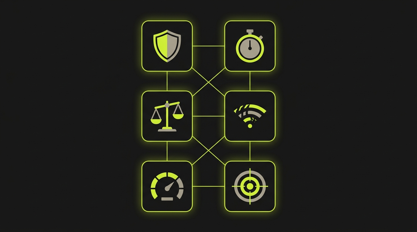 Six interconnected metric cards in a grid layout representing the complete release quality metrics framework with icons for defect escape rate, mean-time-to-detect, test-to-code ratio, flaky test ratio, execution time trend, and risk-weighted coverage