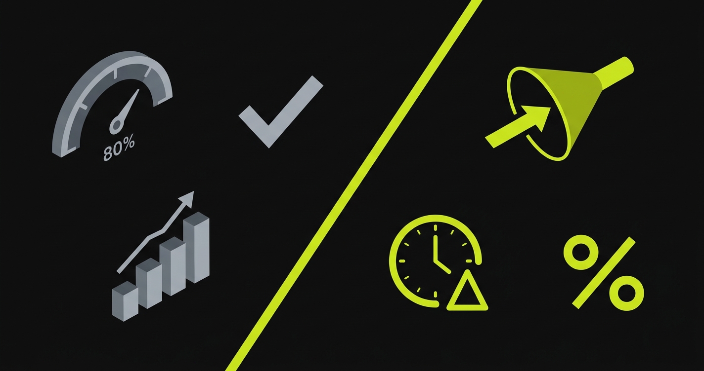 Two-panel diagram contrasting vanity QA metrics like coverage and pass rate on the left against predictive test automation metrics including defect escape rate and time-to-detect on the right, highlighted in lime green