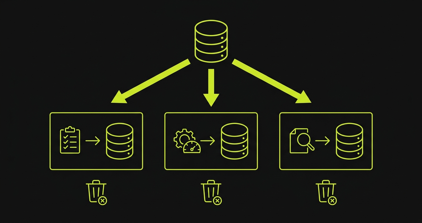 Database branching diagram showing a main database creating three isolated copies for parallel test runs, each discarded after completion
