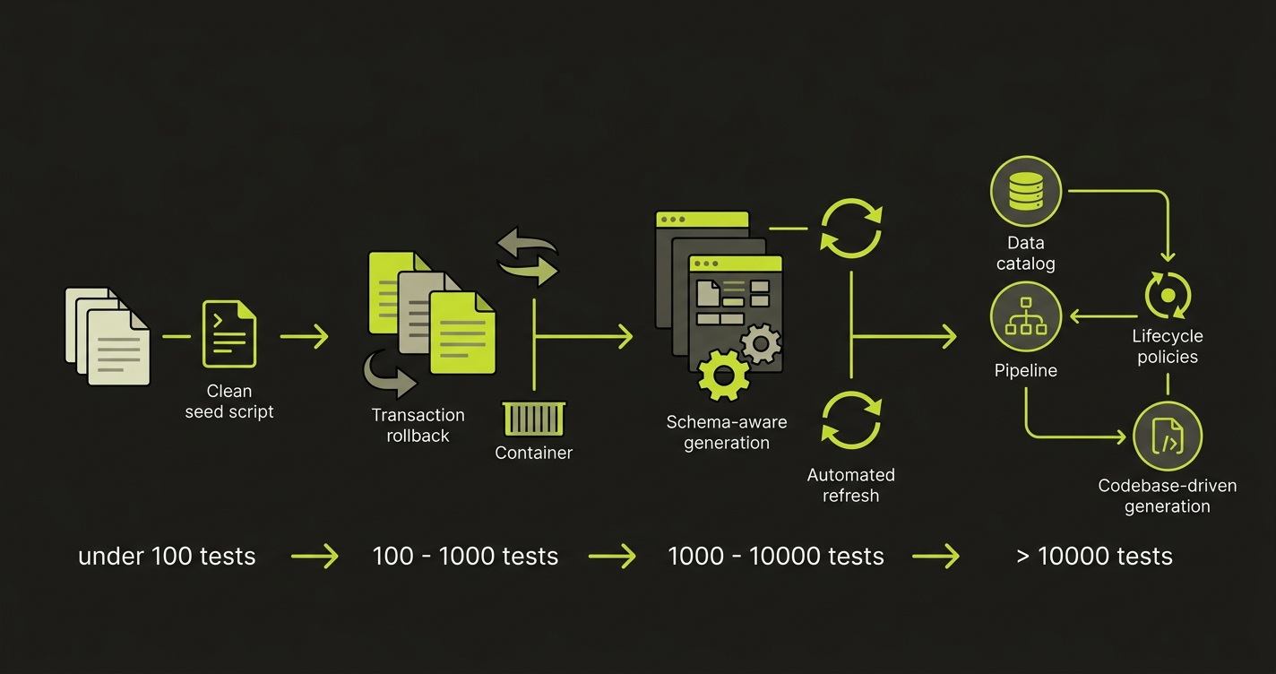 Horizontal progression diagram showing test data management scaling from under 100 tests with simple seed scripts through 10,000 plus tests with full automated pipelines and lifecycle policies