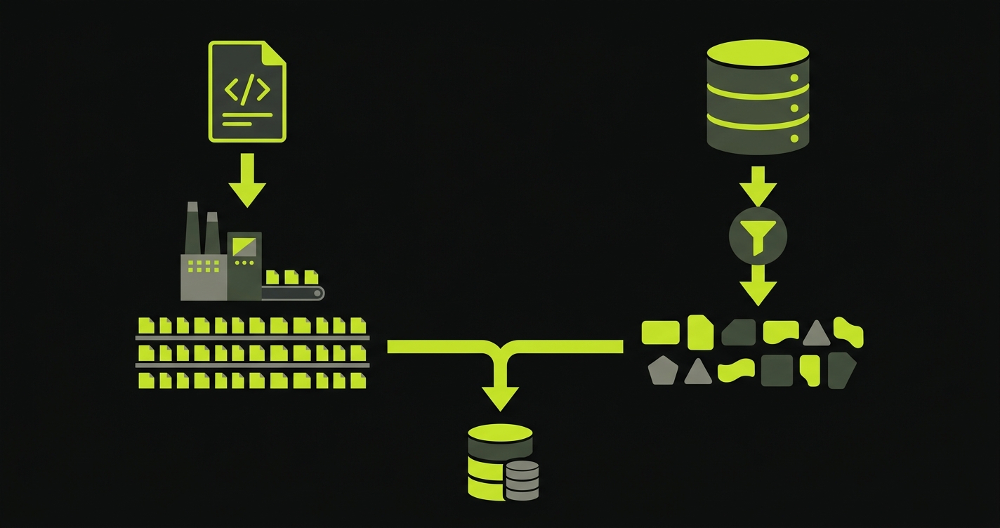 Comparison diagram showing synthetic data generation from code on the left and masked production replicas on the right, both merging into a combined test environment