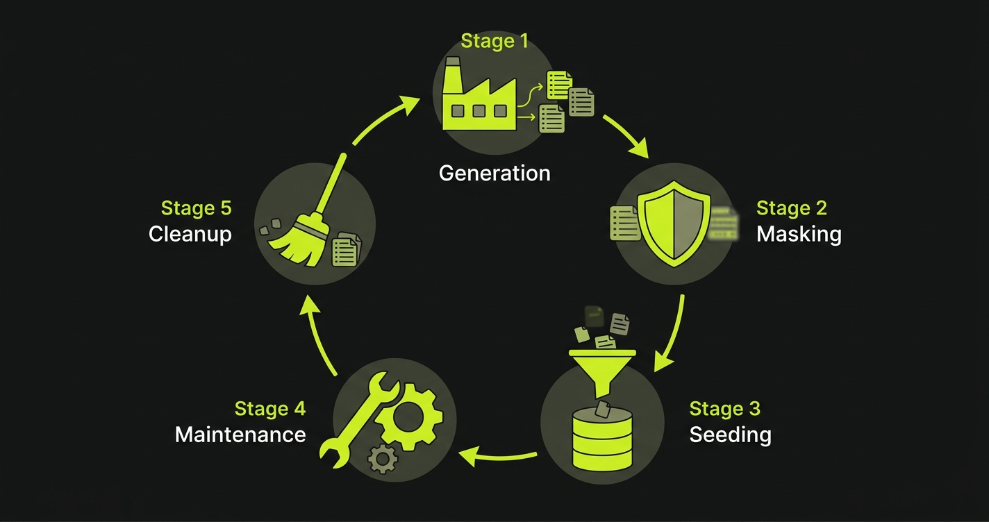 Five stages of the test data management lifecycle: generation, masking, seeding, maintenance, and cleanup connected in a continuous circular flow