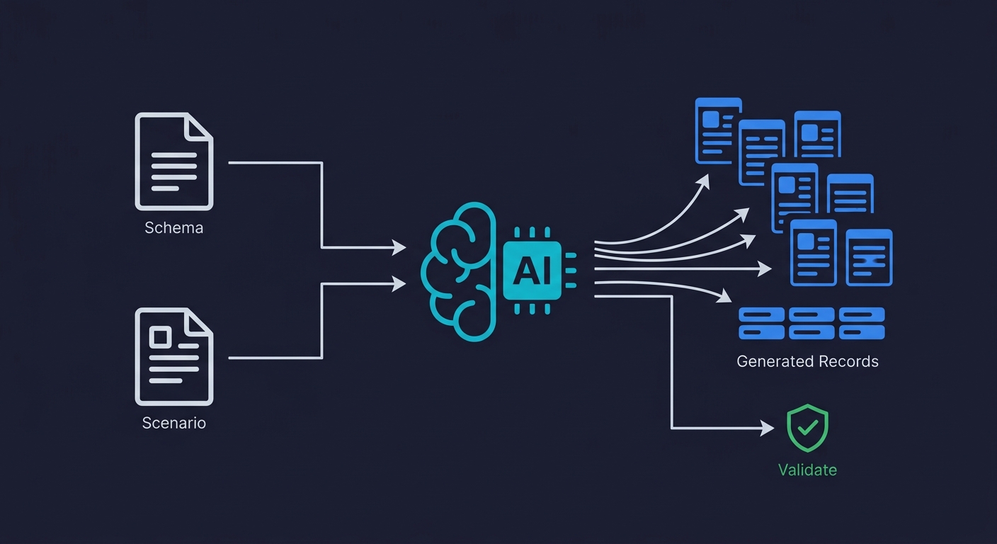 Diagram showing AI-powered test data generation: schema and scenario inputs feed into an AI model that produces generated records, followed by a validation step