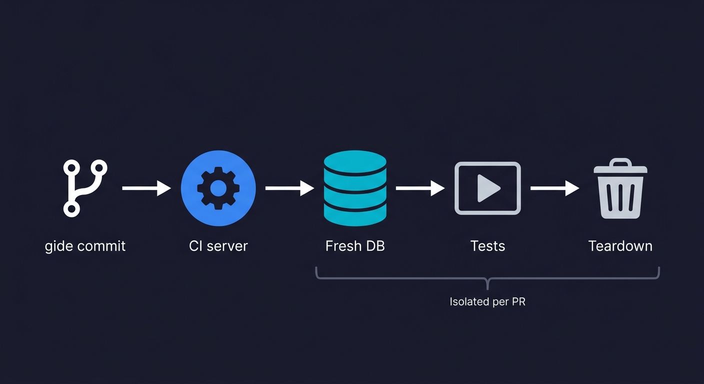 CI/CD pipeline diagram showing the flow from git commit through CI server to fresh database, test execution, and teardown, all isolated per pull request